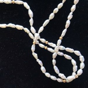 Real Freshwater Rice Pearl and Gold Bead Necklace